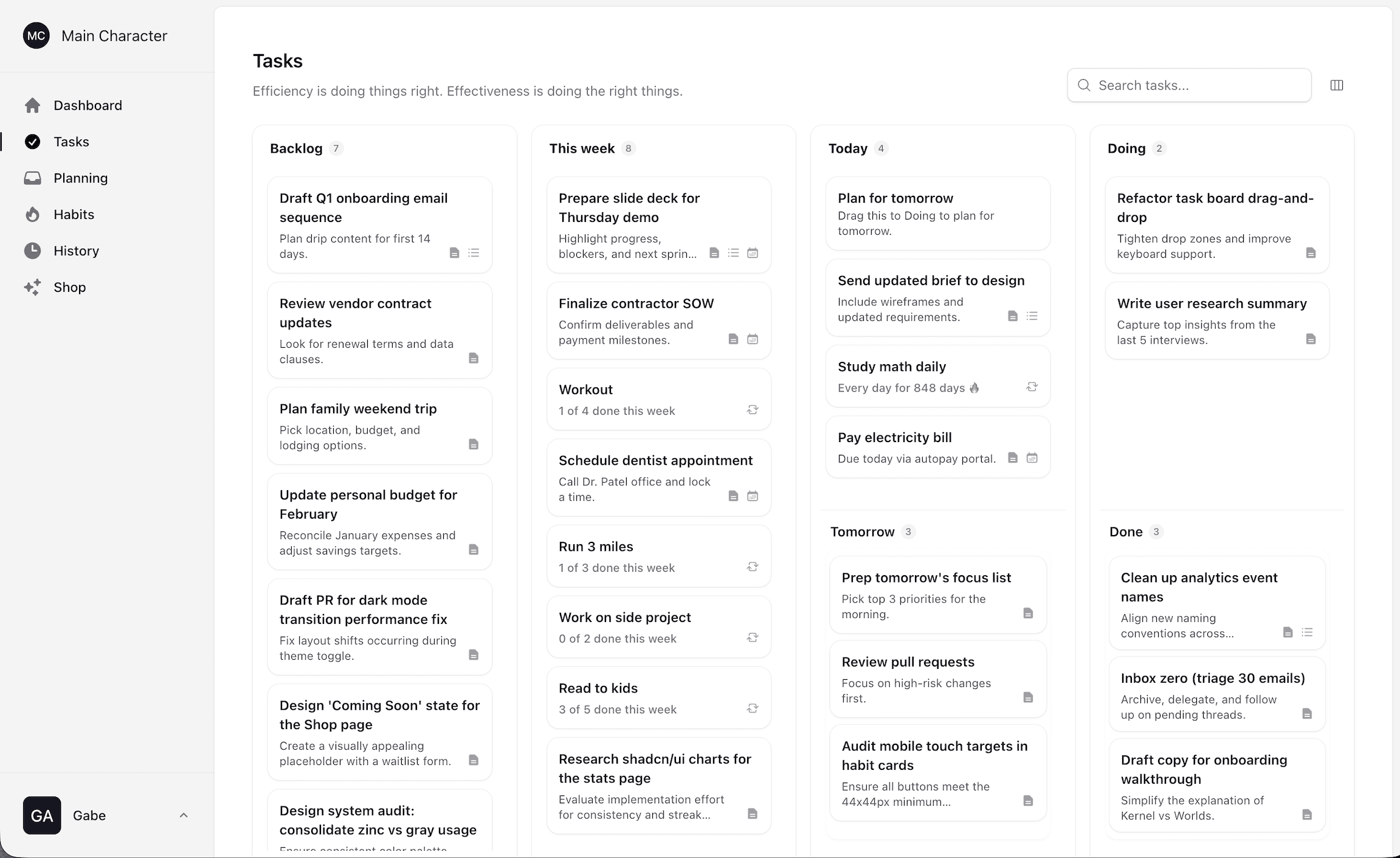 Main Character Tasks Dashboard